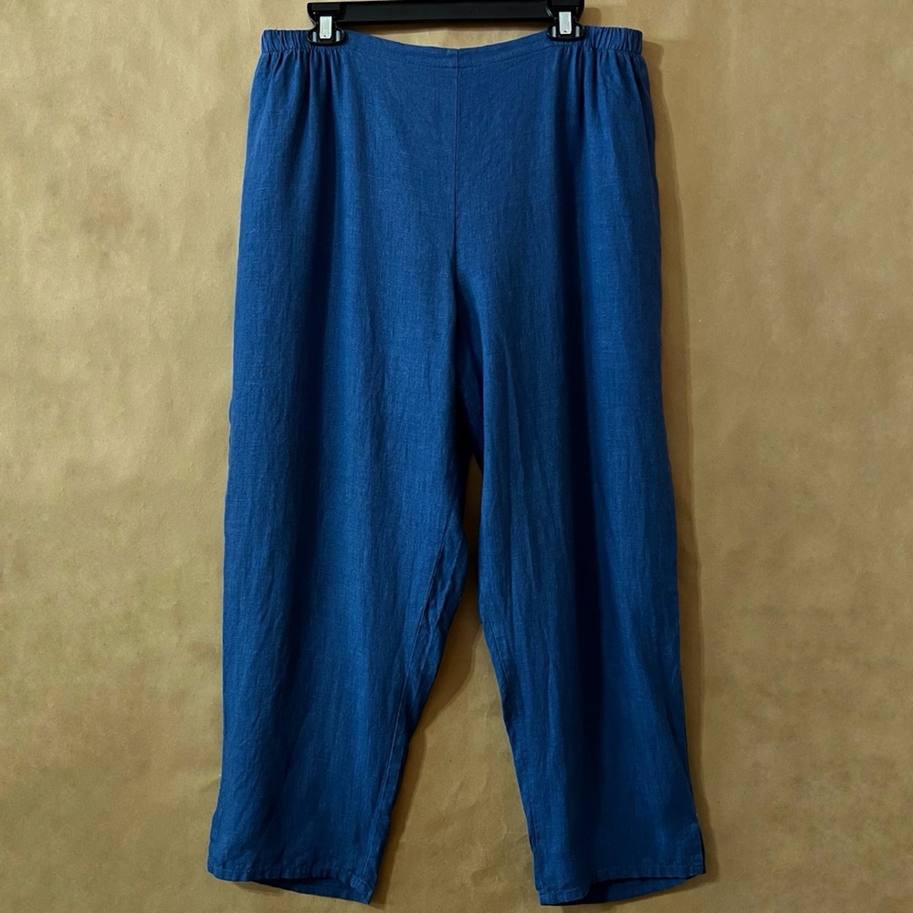 Flax | 100% Linen Blue Pull-On Wide Tapered Leg Cropped Pants Lagenlook Size L